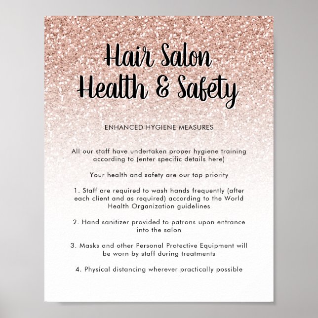 Hair Salon Health Safety Poster Pink Peach Glitter (Front)