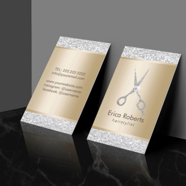 Hair Salon Luxury Silver Glitter Hairstylist Business Card (Creator Uploaded)