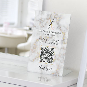 Hair Salon Marble Black Gold Scissor QR Review  Pedestal Sign