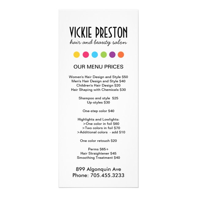 Hair Salon Menu Rack Cards (Front)