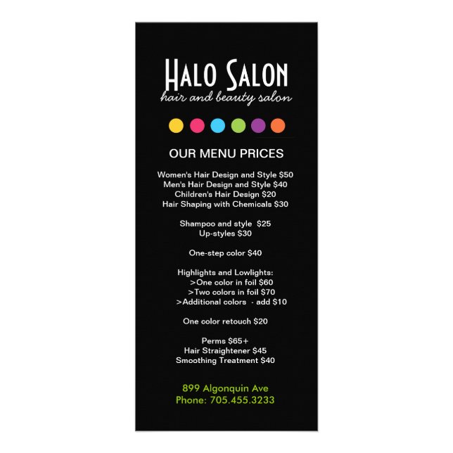 Hair Salon Menu Rack Cards (Front)