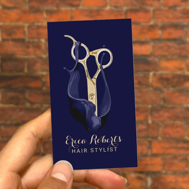 Hair Salon Modern Navy & Gold Hair Stylist Business Card (Creator Uploaded)