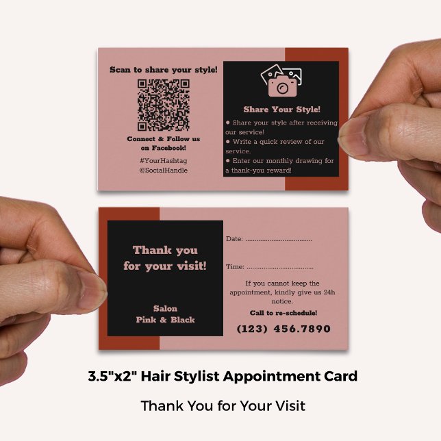 Hair Salon Pink Black Red Thanks, Social Connect & Appointment Card (Hair Salon Pink Black Red Thanks, Social Connect & Appointment Card; Standard Size: 3.5x2 Inch)