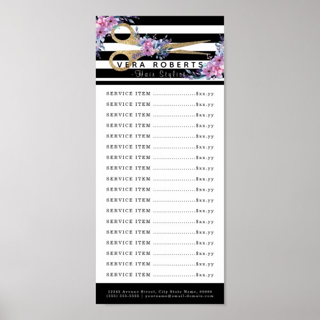Hair Salon Price List Glitter Scissor Floral Poster (Front)