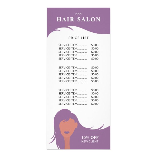 Hair Salon Price List Purple Hairstylist Model Rack Card (Front)