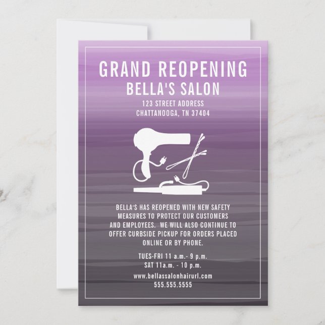 Hair Salon Reopening Purple Ombre Invitation (Front)