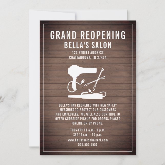 Hair Salon Reopening Wood Invitation (Front)