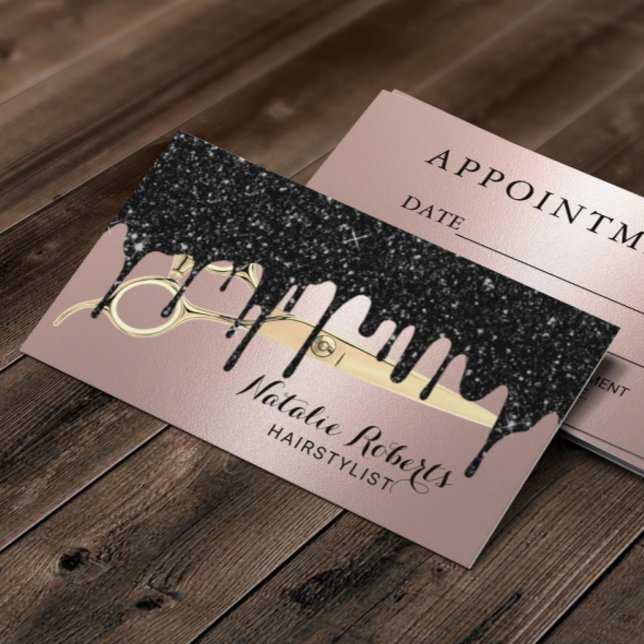 Hair Salon Rose Gold & Black Drips Appointment Card (Creator Uploaded)