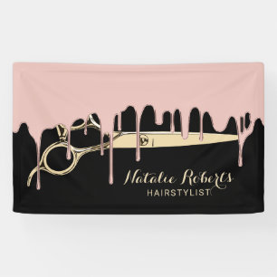Hair Salon Rose Gold Dripping Gold Scissor Black Banner