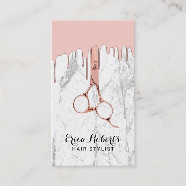Hair Salon Rose Gold Dripping White Marble Business Card (Front)