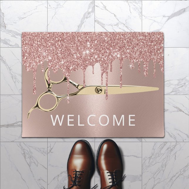 Hair Salon Rose Gold Drips Gold Scissor Welcome Doormat (Creator Uploaded)