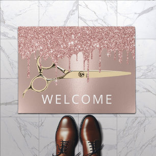 Hair Salon Rose Gold Drips Gold Scissor Welcome Doormat