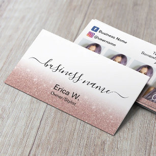 Hair Salon Rose Gold Glitter Photo Collage Business Card