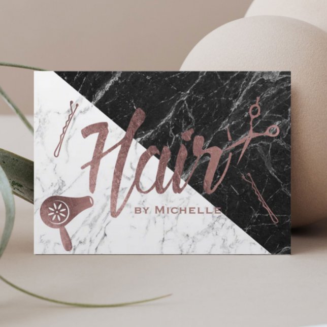 Hair Salon Rose Gold Script Black & White Marble Business Card (Creator Uploaded)