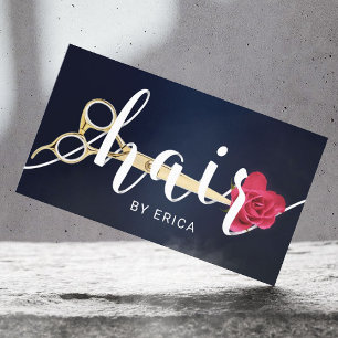 Hair Salon Scissor & Flower Typography Navy Blue Business Card