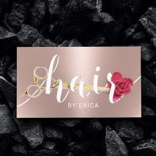 Hair Salon Scissor & Flower Typography Rose Gold Business Card