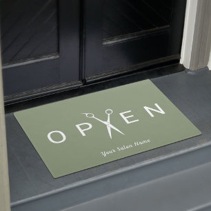 Hair Salon Scissor Open Sage Green Welcome Doormat
