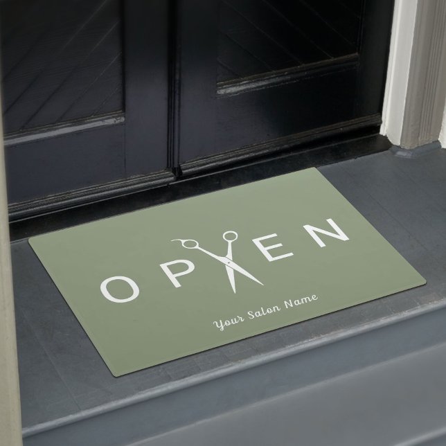 Hair Salon Scissor Open Sage Green Welcome Doormat (Creator Uploaded)