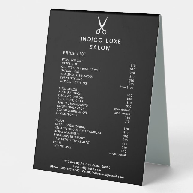 Hair Salon Scissors Black Service Menu Price List (Front)