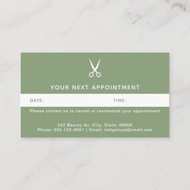 Hair Salon Scissors Modern Green Appointment Card (Back)