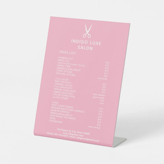 Hair Salon Scissors Pink Service Menu Price List Pedestal Sign (Front)