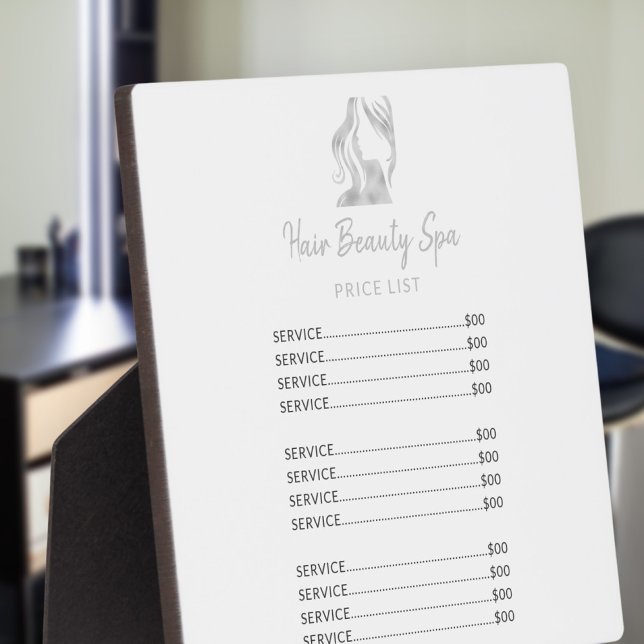 Hair salon silver glitter white elegant price list plaque (Creator Uploaded)