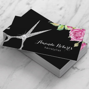 Hair Salon Silver Scissor & Flowers Elegant Business Card