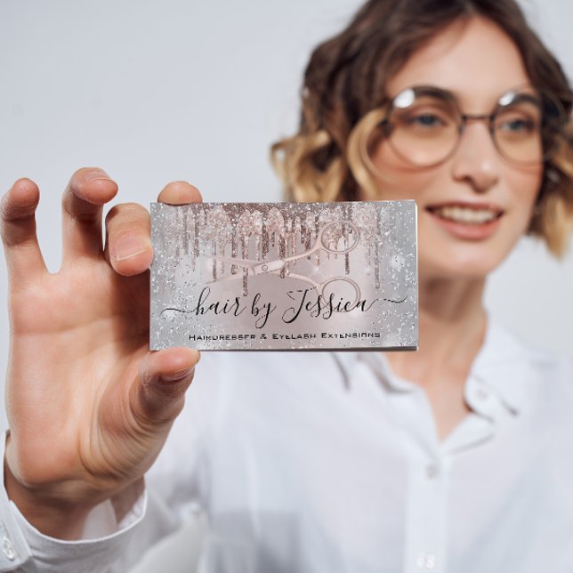 Hair Salon Stylist Hairdresser Scissors Rose Grey Business Card (Creator Uploaded)