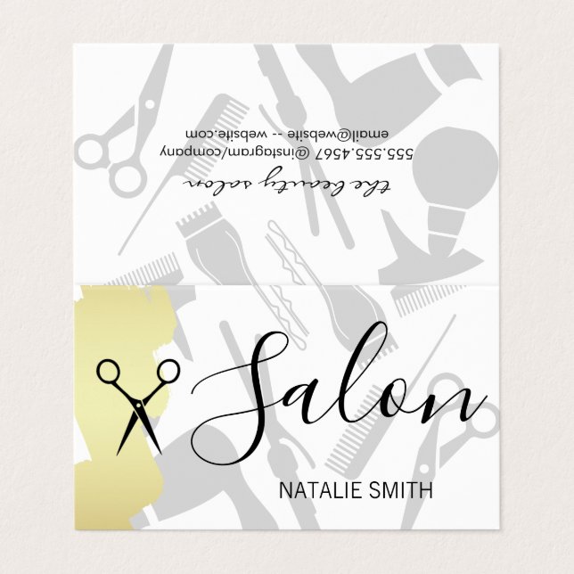 Hair Salon Tools and Gold Brushed Business Card (Outside Unfolded)