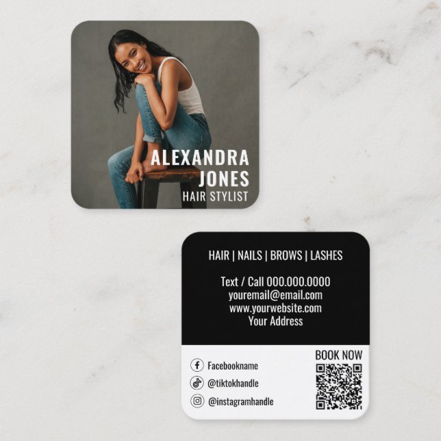Hair Styist Template Black Qr Code Social Media Square Business Card (Front/Back)
