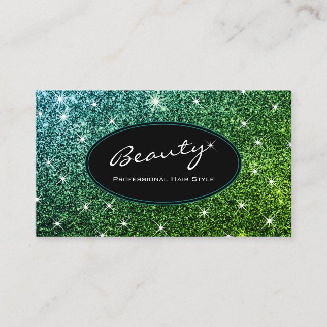 Hair Style Artist Luminous Teal Green Glitter Glam Business Card (Front)