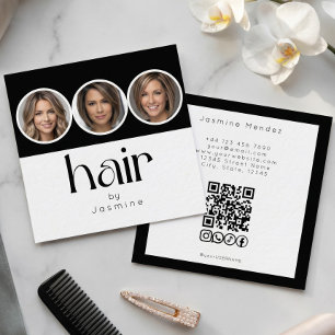 Hair Stylis 3 Photo QR Code Socials Black White Square Business Card