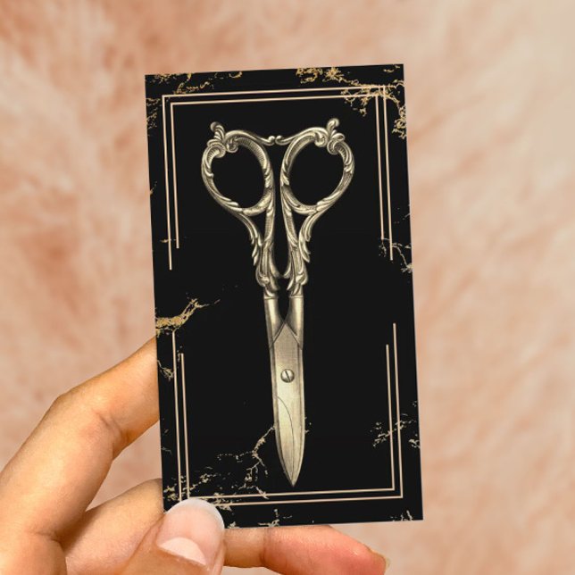 Hair Stylist Antique Gold Scissor Black Marble Business Card (Creator Uploaded)