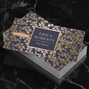 Hair Stylist Antique Gold Scissor Luxury Damask Business Card