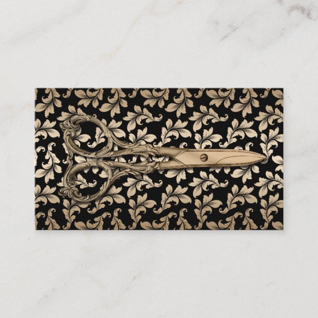 Hair Stylist Antique Scissor Black & Gold Damask Business Card (Front)