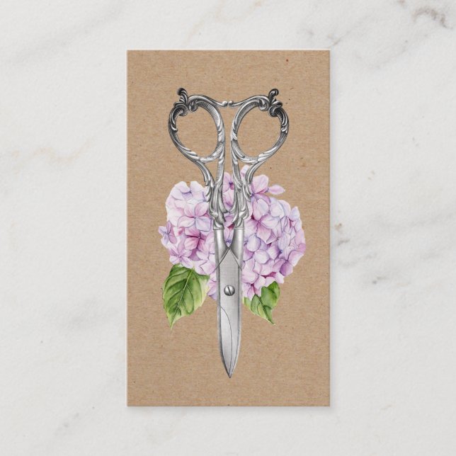 Hair Stylist Antique Scissor & Hydrangea Flower Business Card (Front)