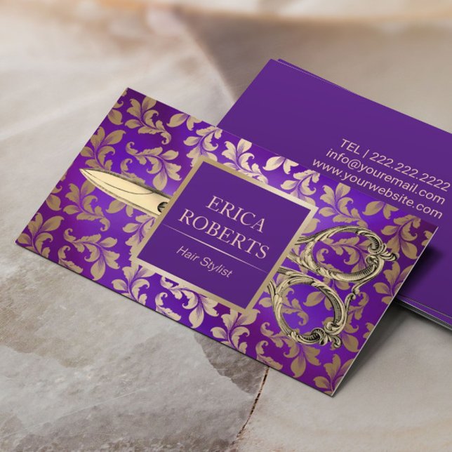 Hair Stylist Antique Scissor Luxury Purple & Gold Business Card (Creator Uploaded)