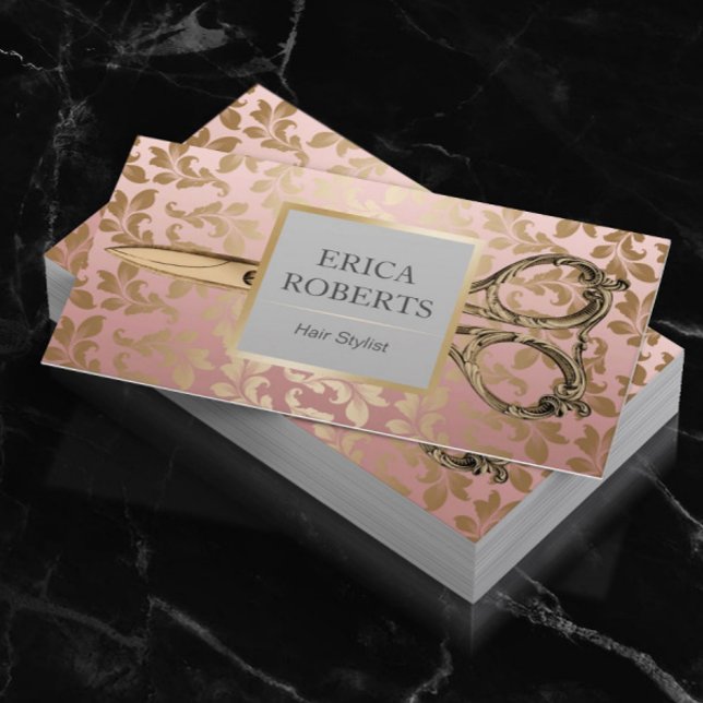 Hair Stylist Antique Scissor Rose Gold Damask Business Card (Creator Uploaded)