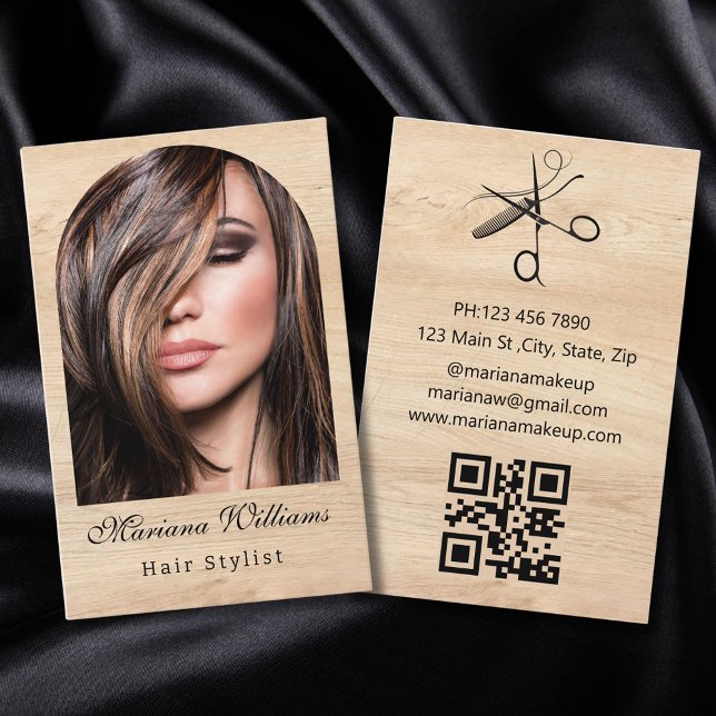 hair stylist arch photo qr code minimalist wood business card (Creator Uploaded)