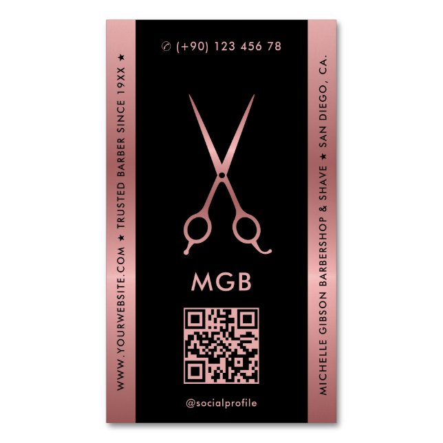 Hair Stylist Barber Black Pink Rosegold Scissors  Magnetic Business Card (Front Vertical)