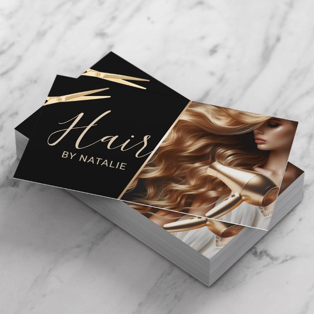 Hair Stylist Beauty Girl Photo Black & Gold Salon Business Card (Creator Uploaded)