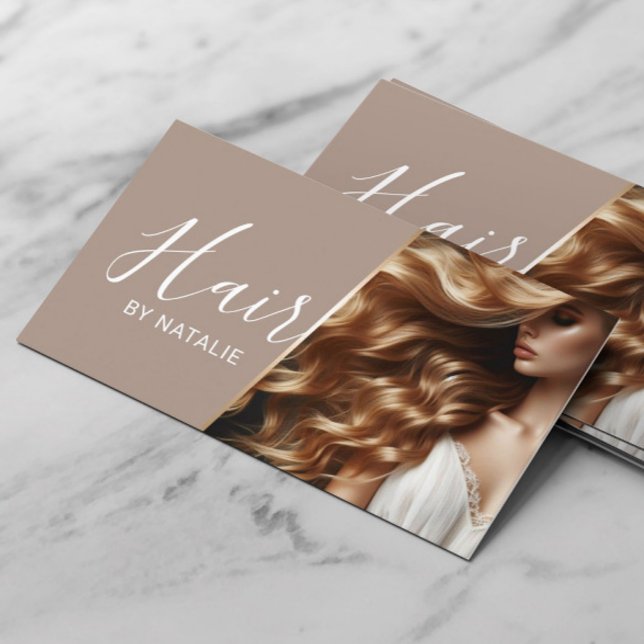 Hair Stylist Beauty Girl Photo Elegant Beige Salon Business Card (Creator Uploaded)