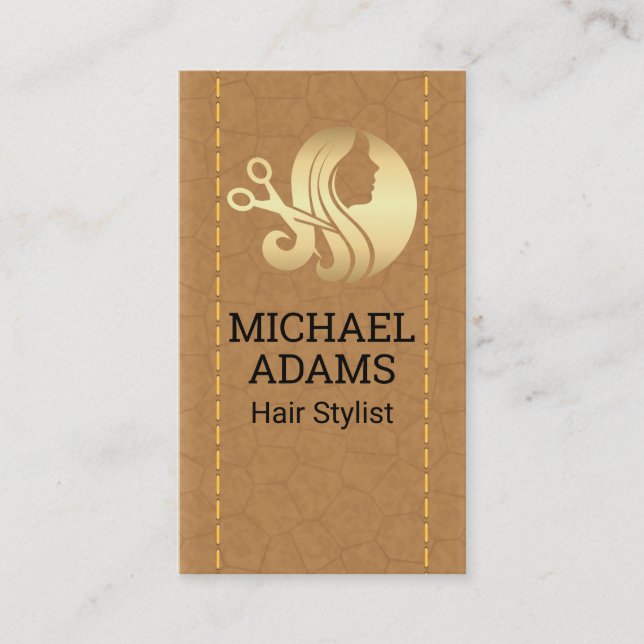 Hair Stylist Beauty Logo | Stitched Leather Business Card (Front)