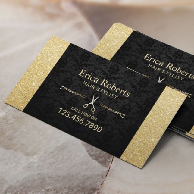 Hair Stylist Beauty Salon Black & Gold Glitter Business Card (Creator Uploaded)
