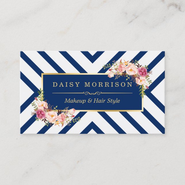 Hair Stylist Beauty Salon Gold Floral Navy Blue Business Card (Front)