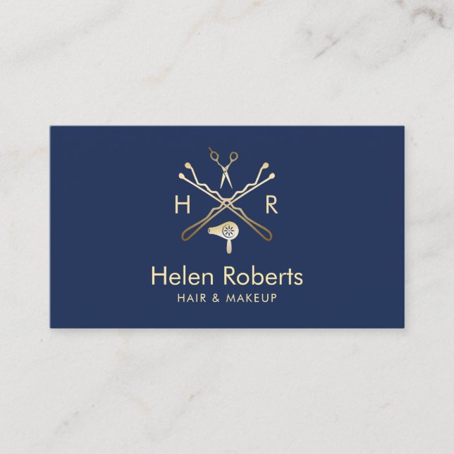 Hair Stylist Beauty Salon Logo Modern Navy & Gold Business Card (Front)