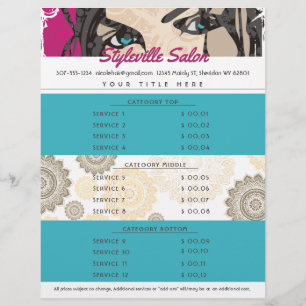 Hair stylist beauty salon makeup artist price list custom letterhead