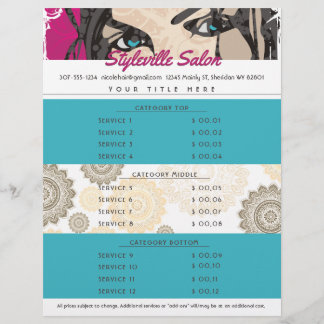 Hair stylist beauty salon makeup artist price list custom letterhead