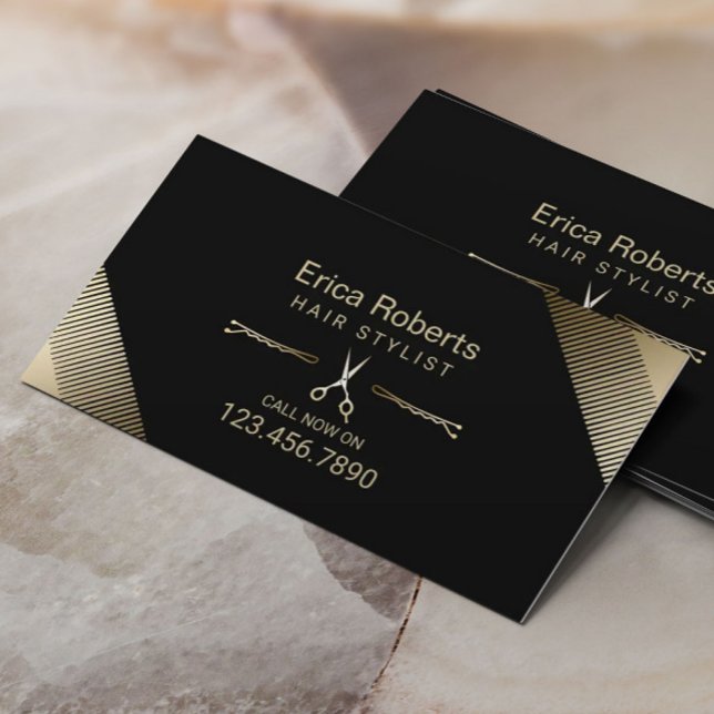 Hair Stylist Beauty Salon Modern Black & Gold Business Card (Creator Uploaded)