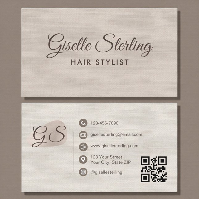 Hair Stylist Beige Linen Modern Elegant QR Code Business Card (Creator Uploaded)